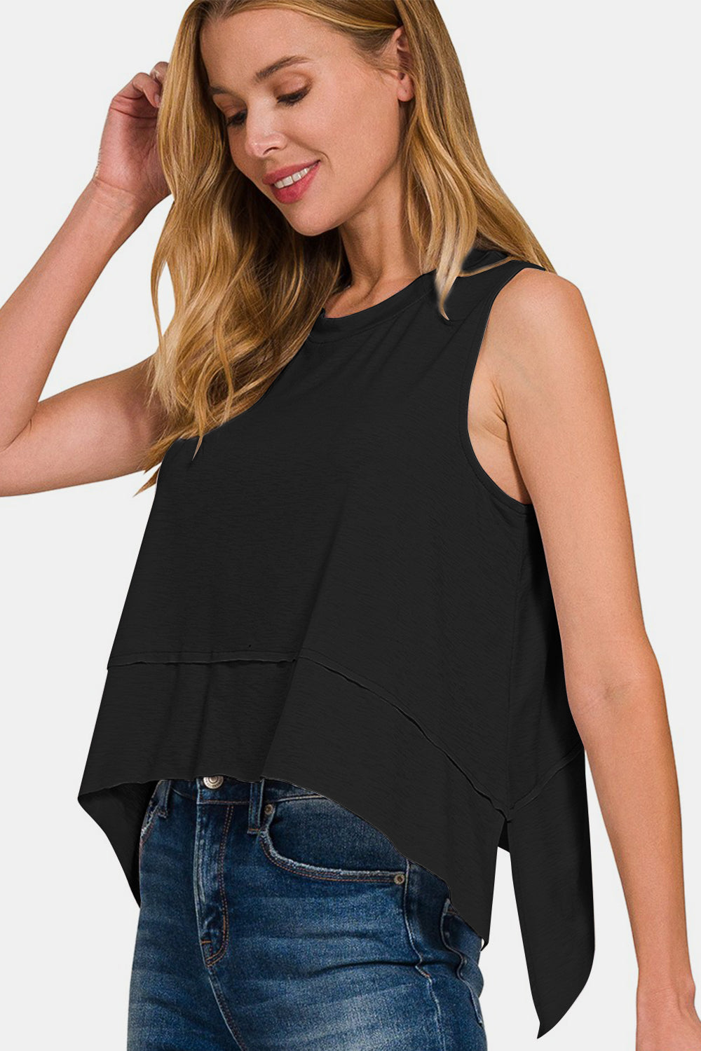 Exposed Seam Slit Round Neck Tank