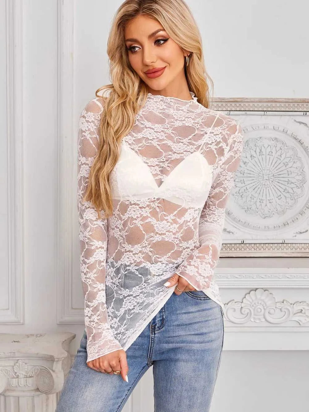 Mock Neck Long Sleeve Lace Sheer Top 100100861526419 16 Affordable Fashion Under $100 Jerry's Apparel 