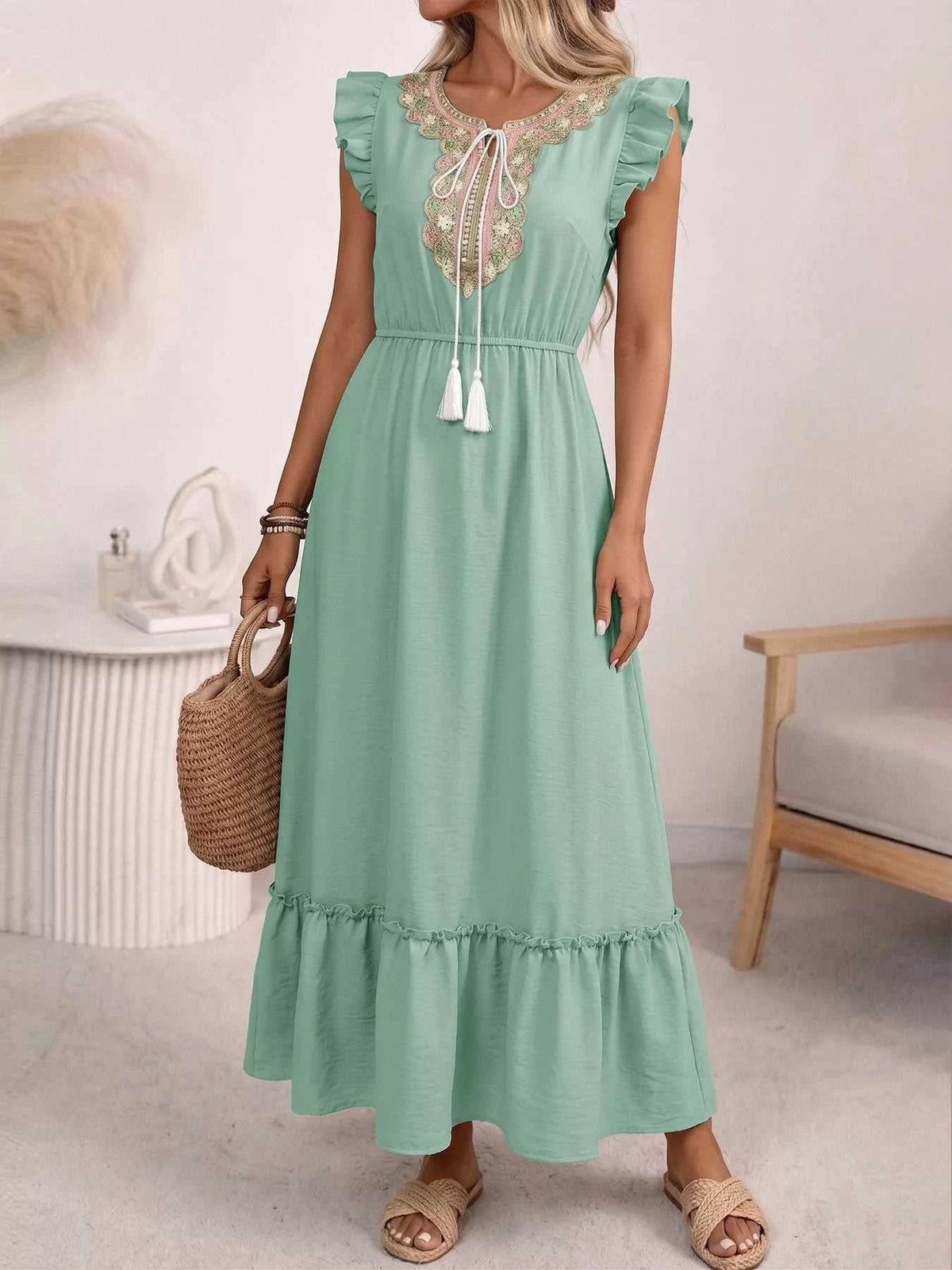 Tie Neck Ruffle Sleeve Maxi Dress 100100626319052 44 Affordable Fashion Under $100 Jerry's Apparel 