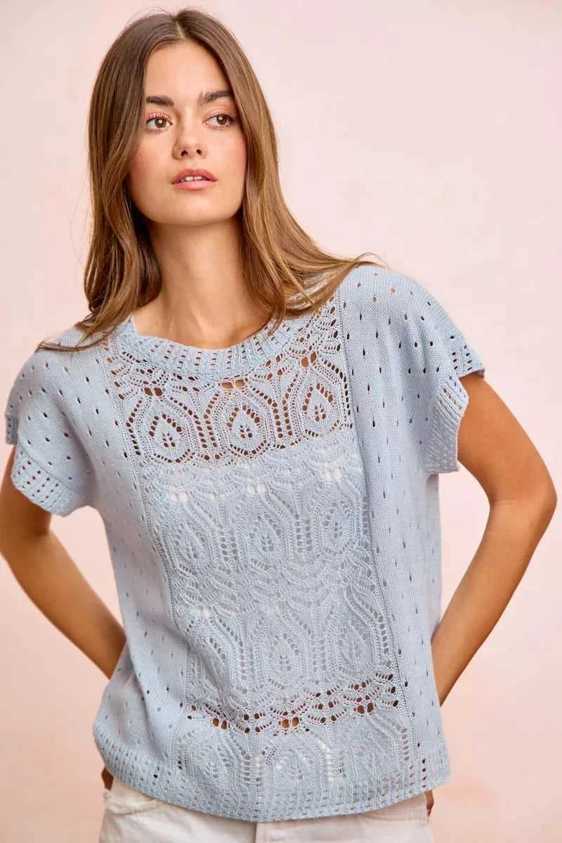 BiBi Washed Eyelet Short Sleeve Breathable Knit Top 100100212911752 43 Affordable Fashion Under $100 Jerry's Apparel 