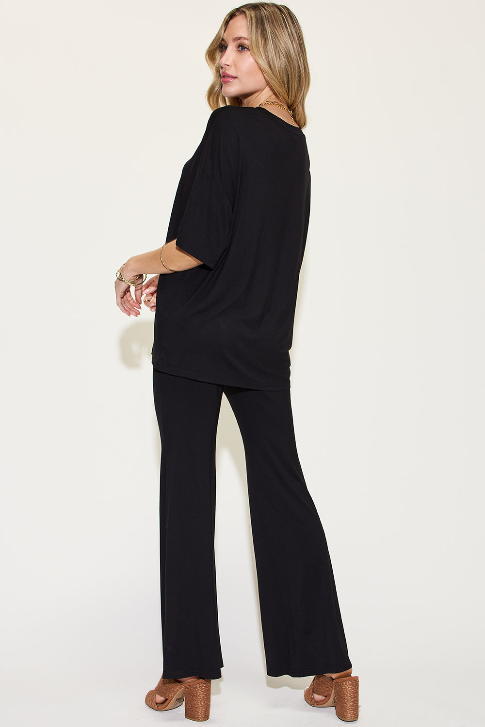 Full Size Bamboo Drop Shoulder T-Shirt and Flare Pants Set