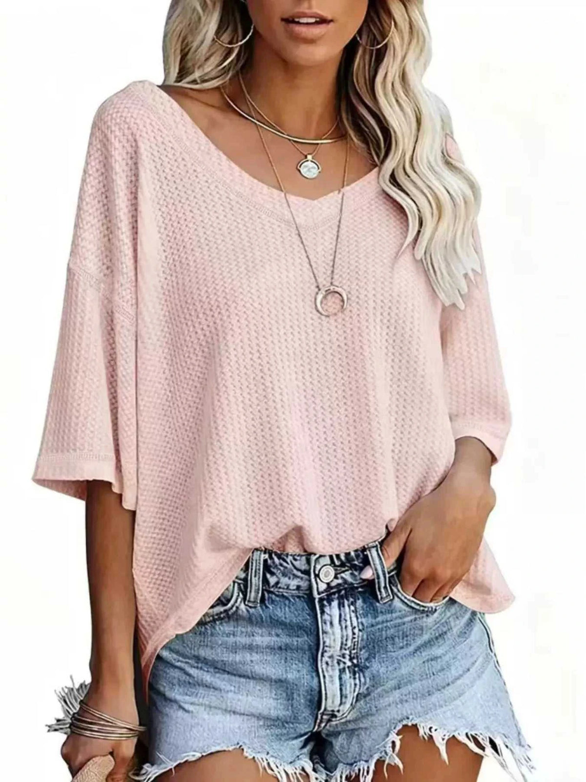Waffle Knit V-Neck Short Sleeve T-Shirt 100100993990875 26 Affordable Fashion Under $100 Jerry's Apparel 