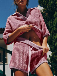 Collared Neck Contrast Striped Top and Shorts Sweater Set
