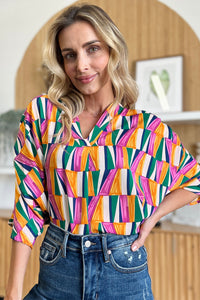 Full Size Geometric Notched Raglan Sleeve Blouse