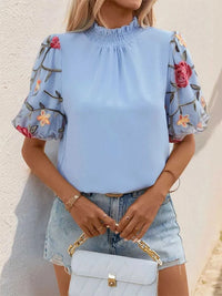 Perfee Embroidered Mock Neck Puff Sleeve Blouse 100100917971090 28 Affordable Fashion Under $100 Jerry's Apparel 