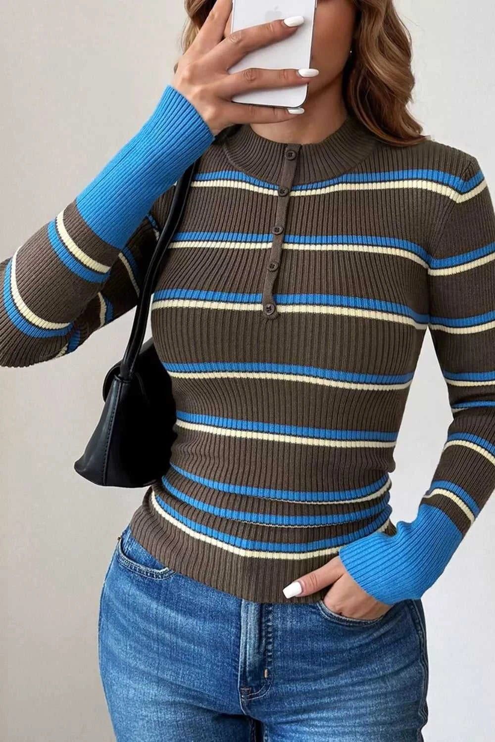 Ribbed Knit Contrast Cuff Henley Button Sweater 101002490031280 45 Affordable Fashion Under $100 Jerry's Apparel 