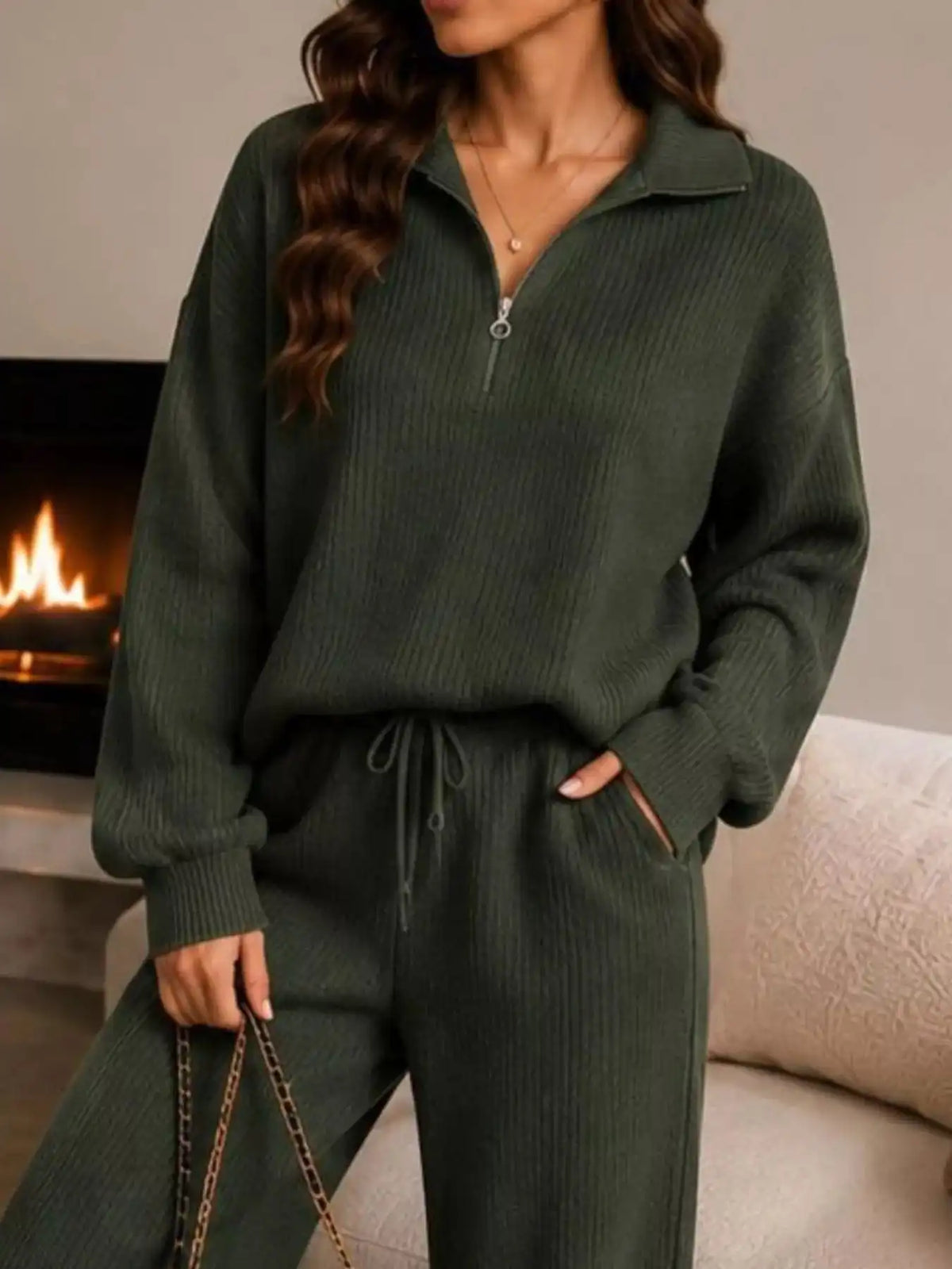 Cozy Ribbed Knit Quarter-Zip Top and Wide-Leg Set 101001505411513 59 Affordable Fashion Under $100 Jerry's Apparel 