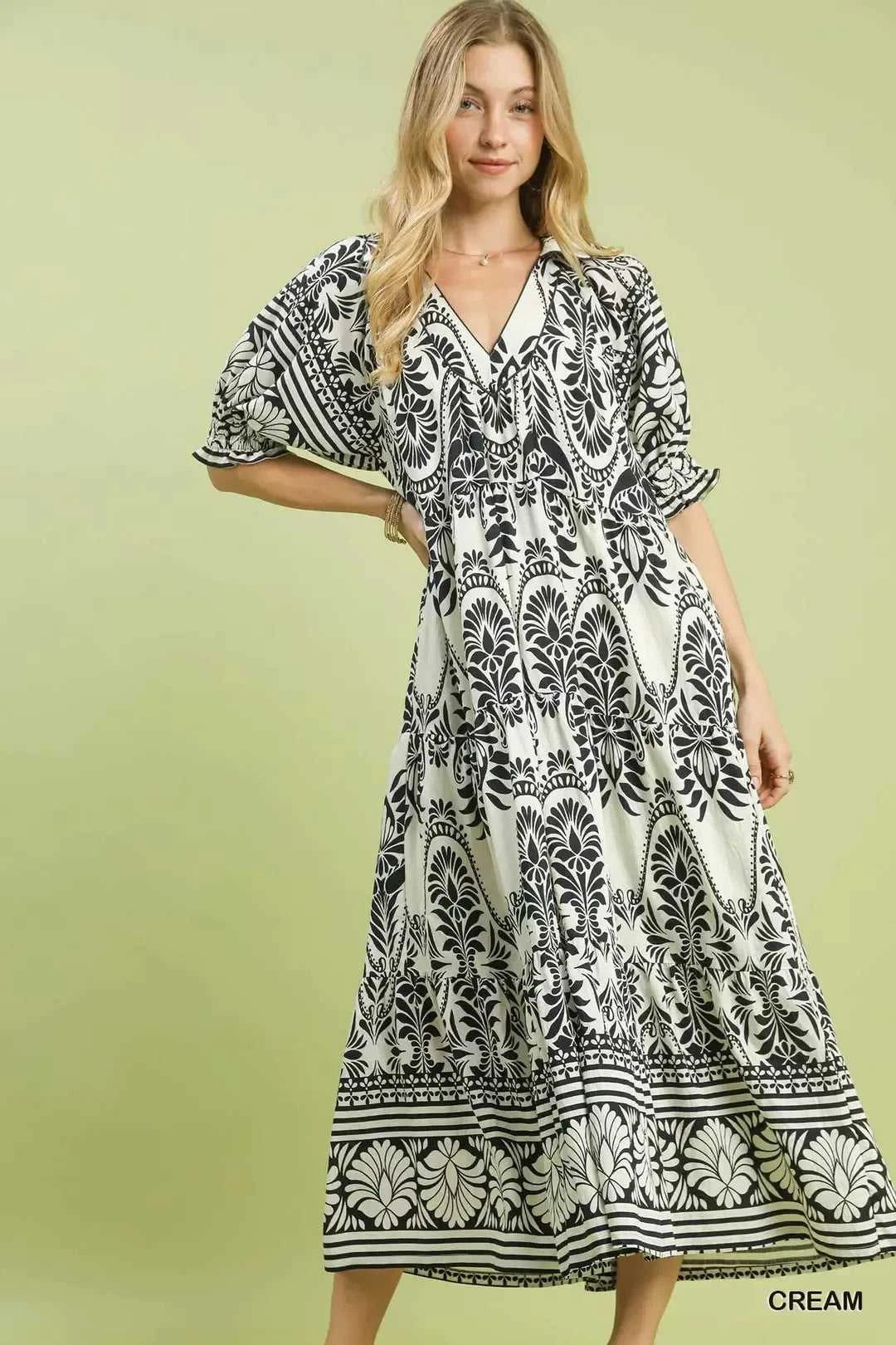 Umgee Two tone Border Print Midi Dress 100100652481196 62 Affordable Fashion Under $100 Jerry's Apparel 