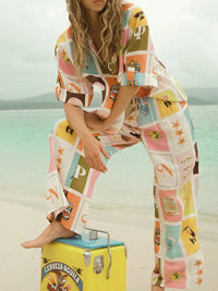 Printed Button Up Shirt and Pants Set