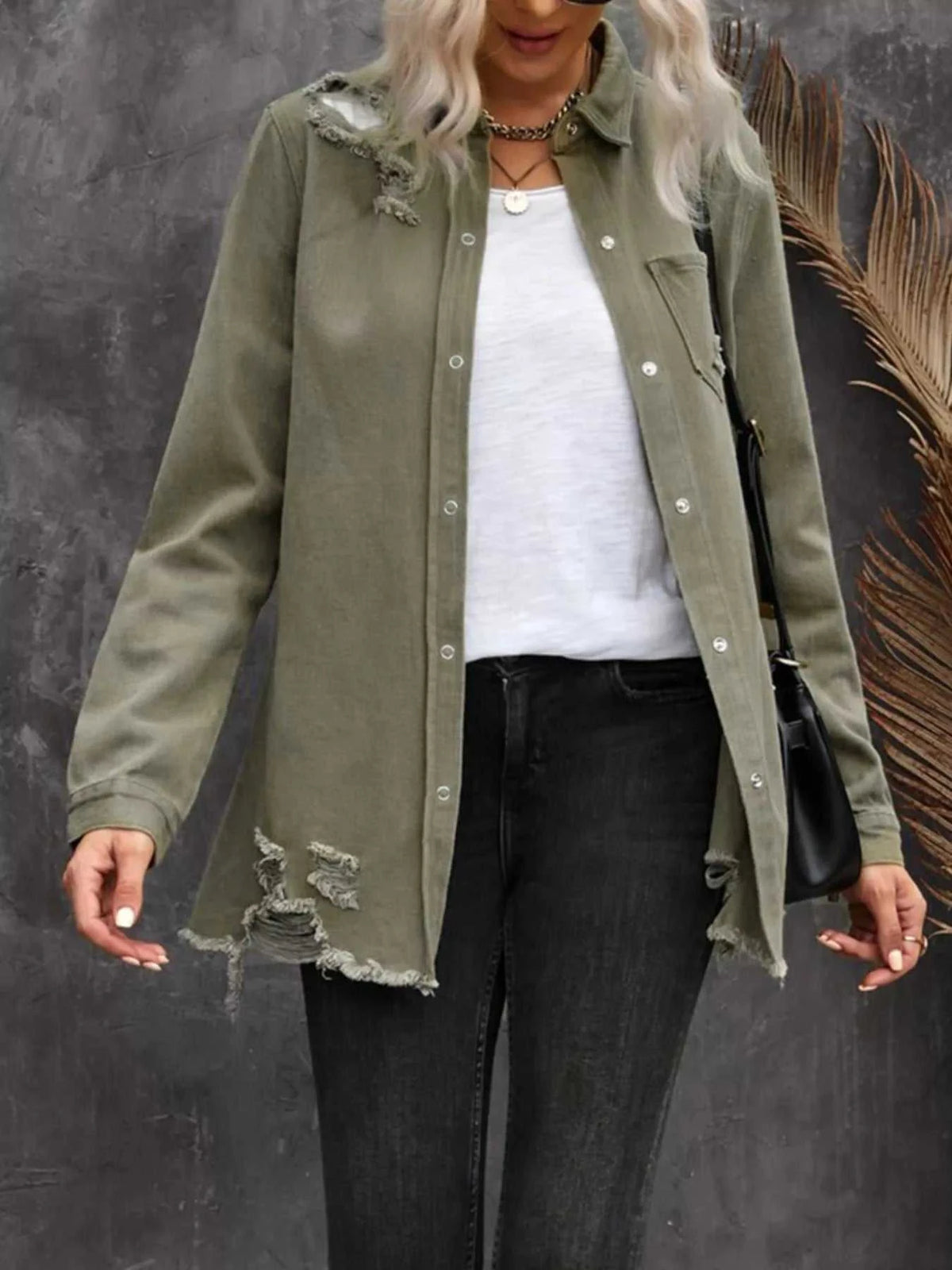 Raw Hem Distressed Denim Shirt Jacket 100100188472813 74 Affordable Fashion Under $100 Jerry's Apparel 