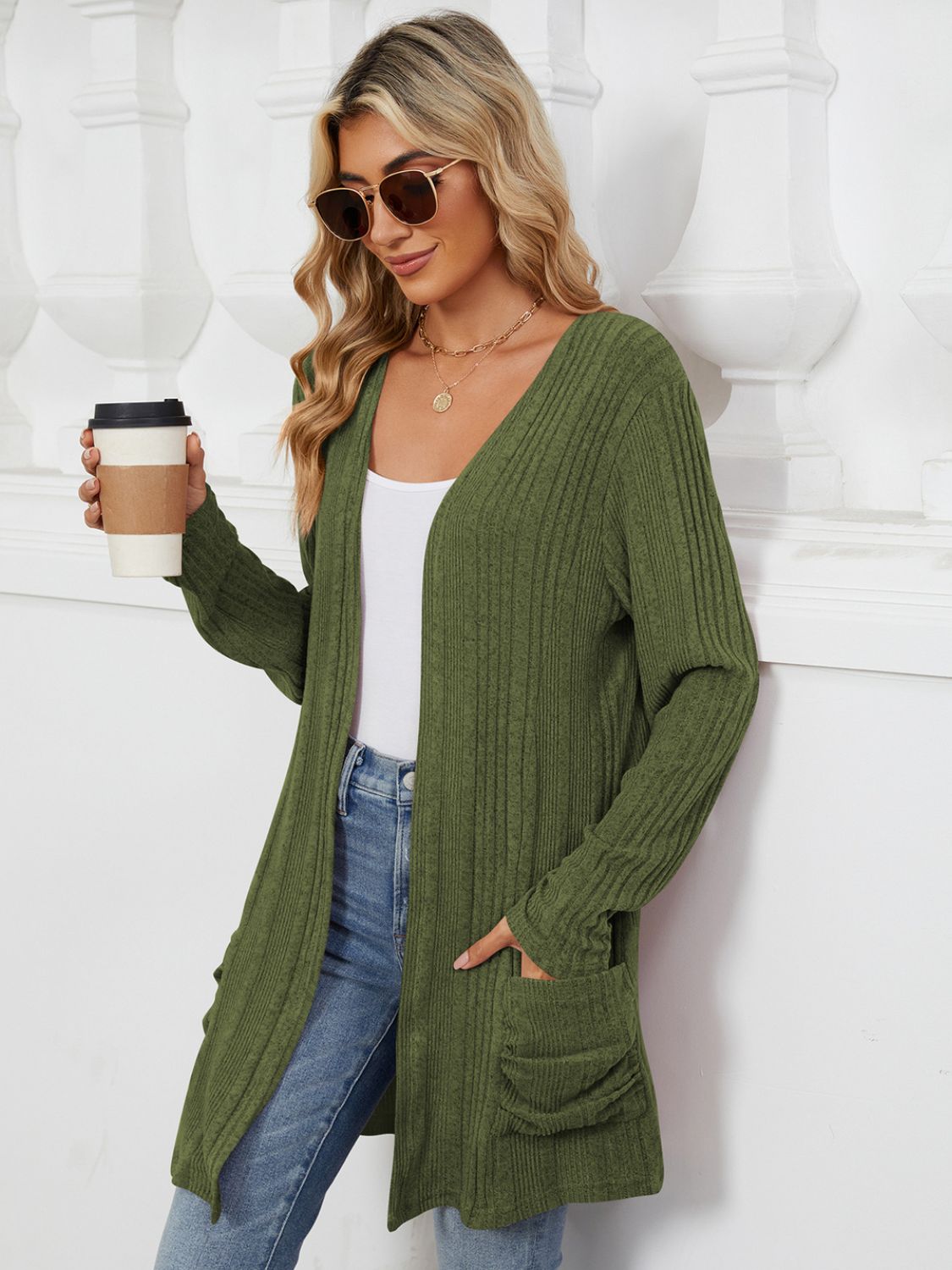 Pocketed Open Front Long Sleeve Cardigan