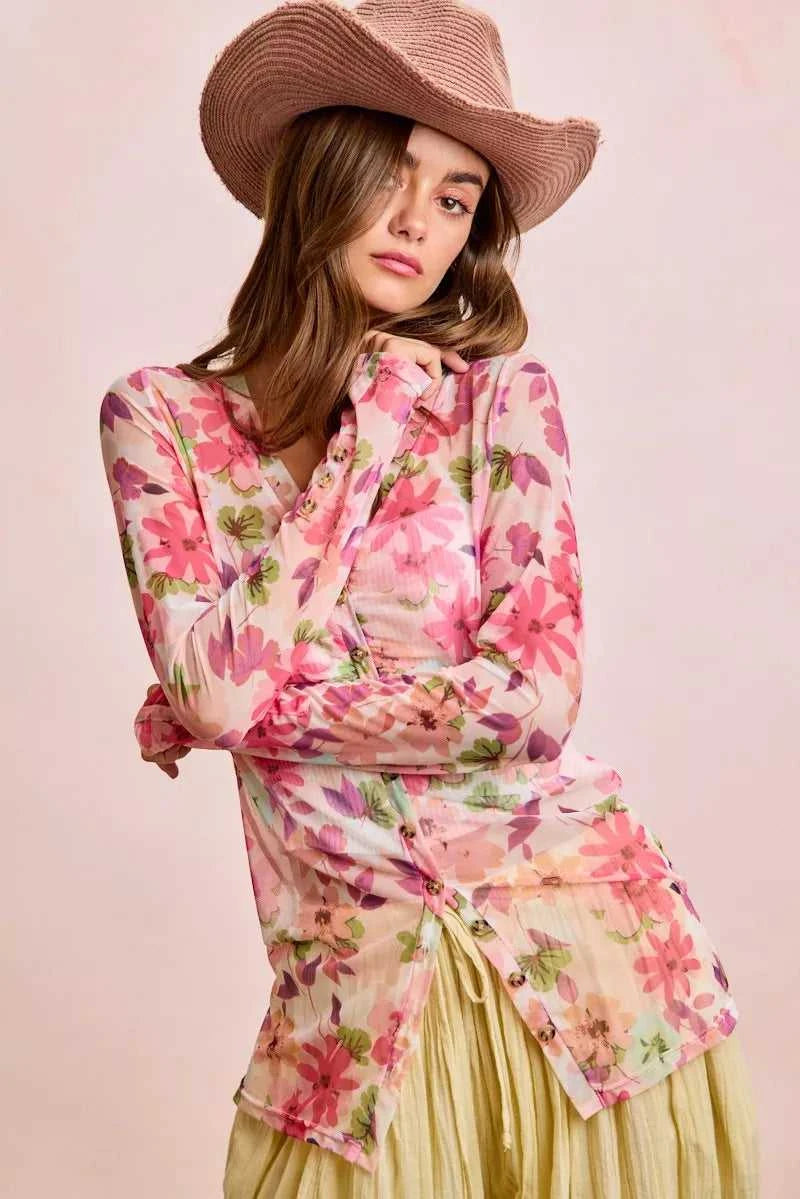 BiBi Floral Shrried Detail Button Up Mesh Cardigan Top 100100970651175 39 Gifts for Her Jerry's Apparel 