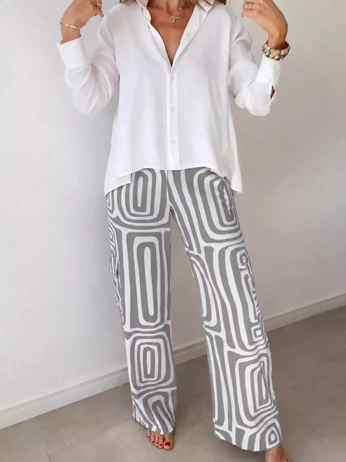 Full Size Chic Button-Down Shirt and Geometric Wide-Leg Pants Set Plus Size 101001328300968 50 Affordable Fashion Under $100 Jerry's Apparel 