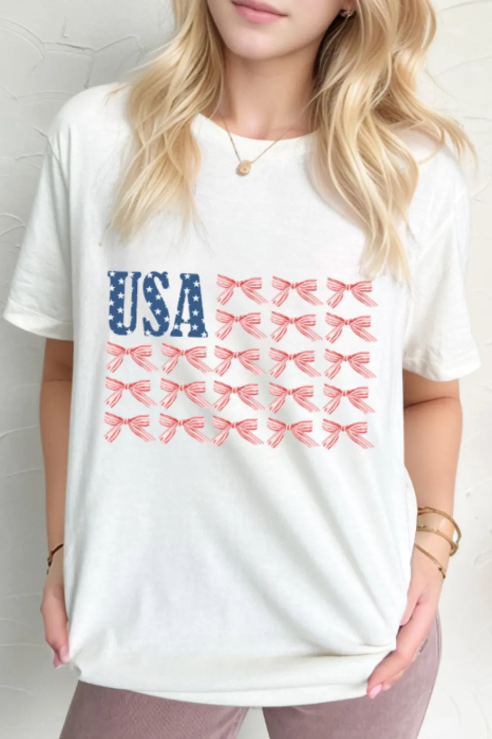 USA Flag Bow Knot Print Round Neck T Shirt