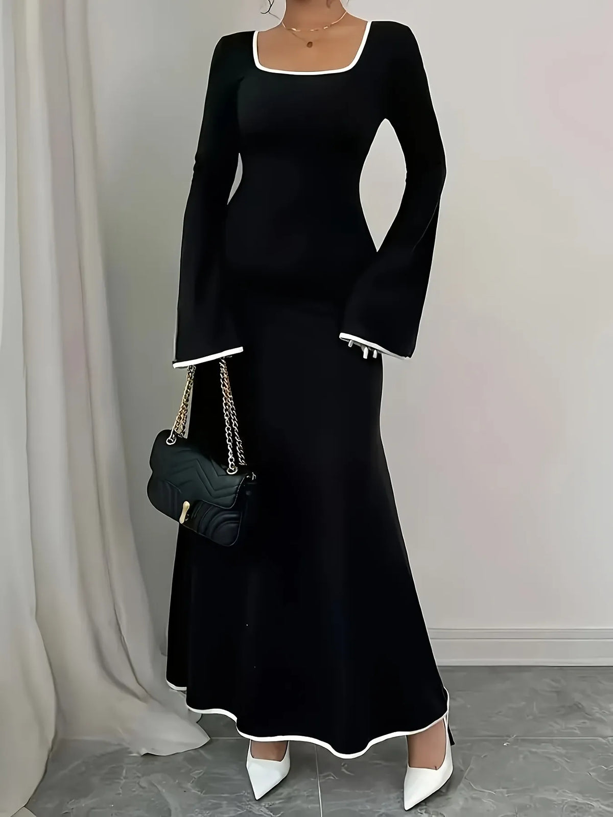 Plus Size Contrast Trim Square Neck Long Sleeve Maxi Dress