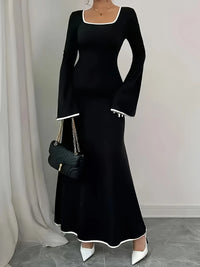 Plus Size Contrast Trim Square Neck Long Sleeve Maxi Dress