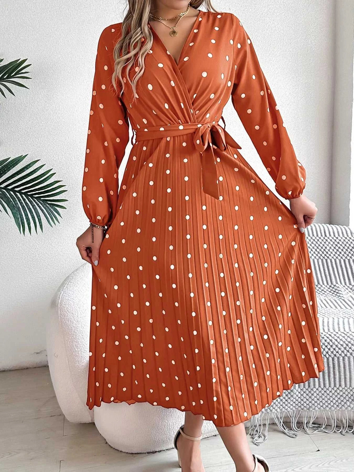 Front Tie Polka Dot Midi Pleated Dress 100100612892124 36 Gifts for Her Jerry's Apparel 