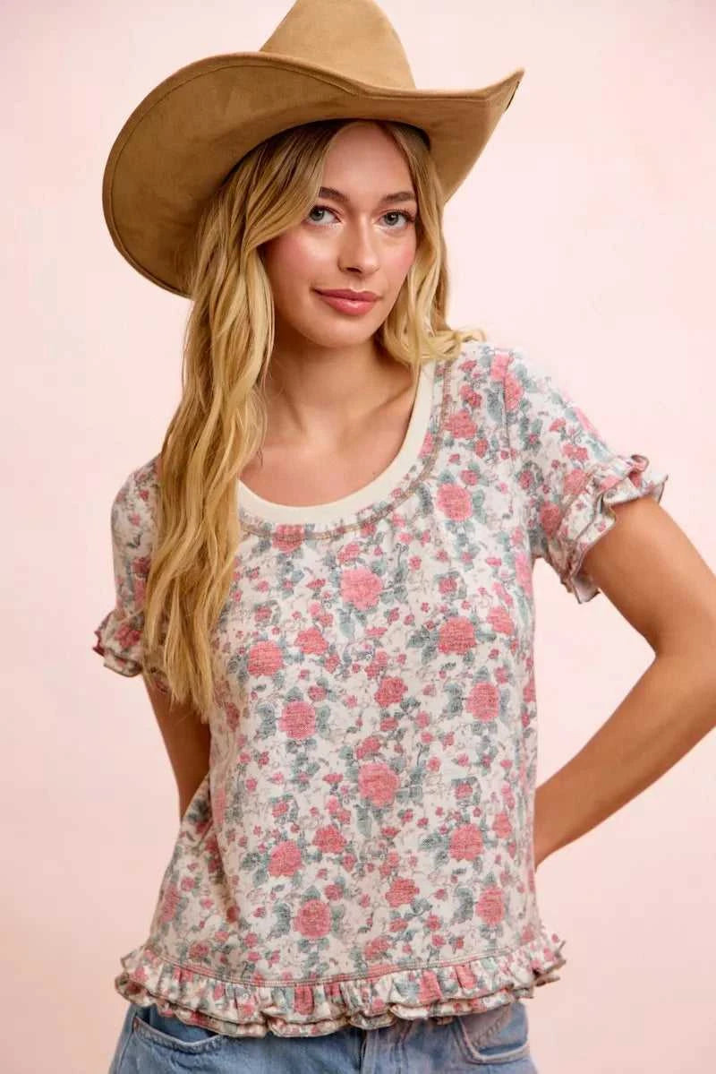 BiBi Rose Printed Slub Knit Ruffled Sleeves Top 100100307291292 38 Affordable Fashion Under $100 Jerry's Apparel 