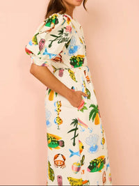 Printed Puff Sleeve Midi Dress