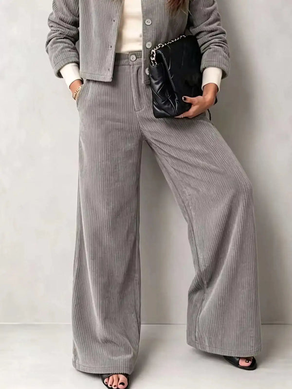 Full Size Corduroy Button-Down Jacket and Wide-Leg Pants Two-Piece Set Plus Size 101001217256067 73 Women's Pants Set Gifts for Her Jerry's Apparel 