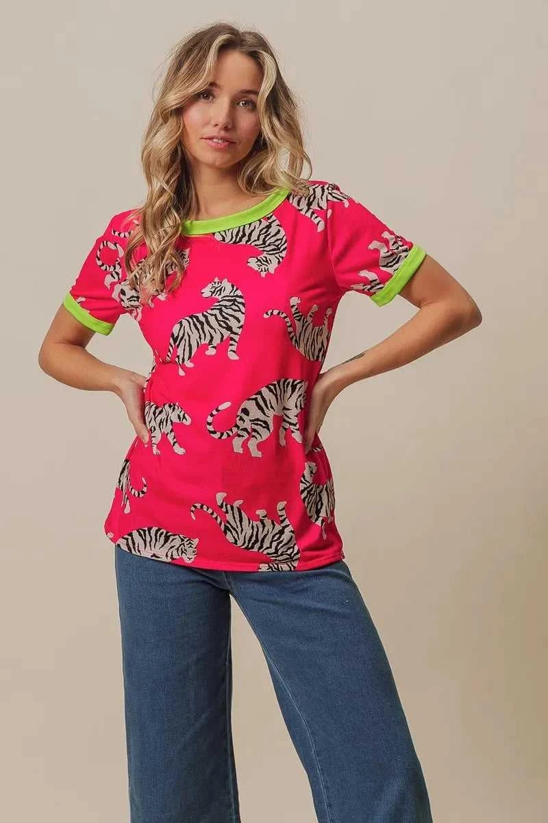 BiBi Big Tiger Print Jersey Contrast Ringer Top 100100215151725 27 Affordable Fashion Under $100 Jerry's Apparel 
