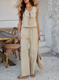 Devine Tied V-Neck Sleeveless Top and Pants Set 100100787639337 58 Gifts for Her Jerry's Apparel 