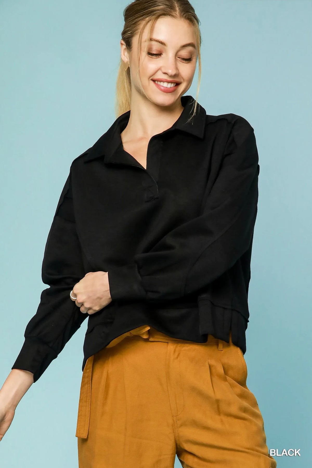 Umgee Collared Neck Long Sleeve Top with Raw Hem Detail