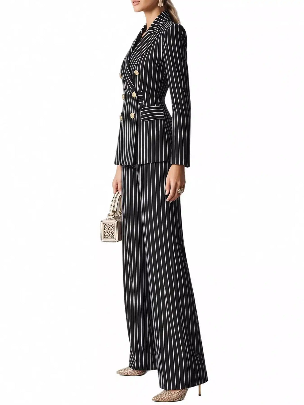 Double-Breasted Pinstripe Blazer and Wide-Leg Pants Set 101001905010997 103 Gifts for Her Jerry's Apparel 