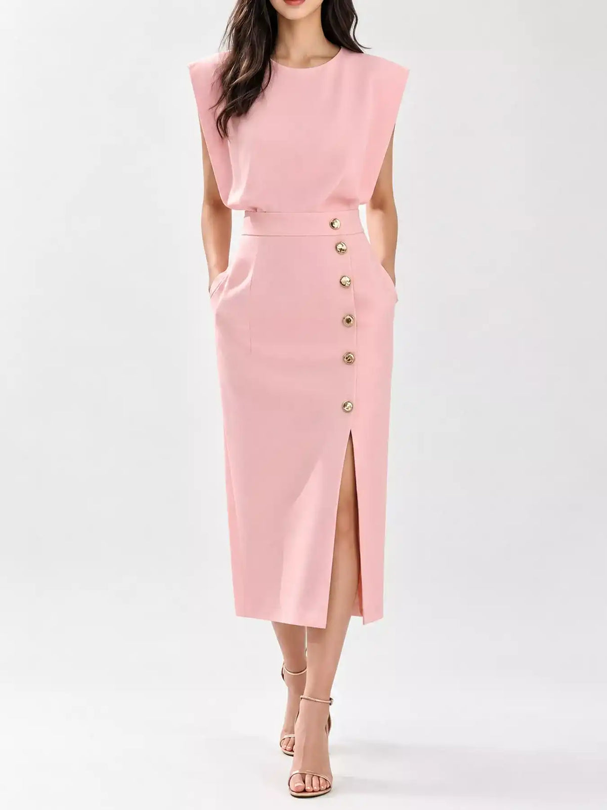 Sleeveless Midi Dress with Gold Button Detail and Side Slit 101001590890082 42 Affordable Fashion Under $100 Jerry's Apparel 