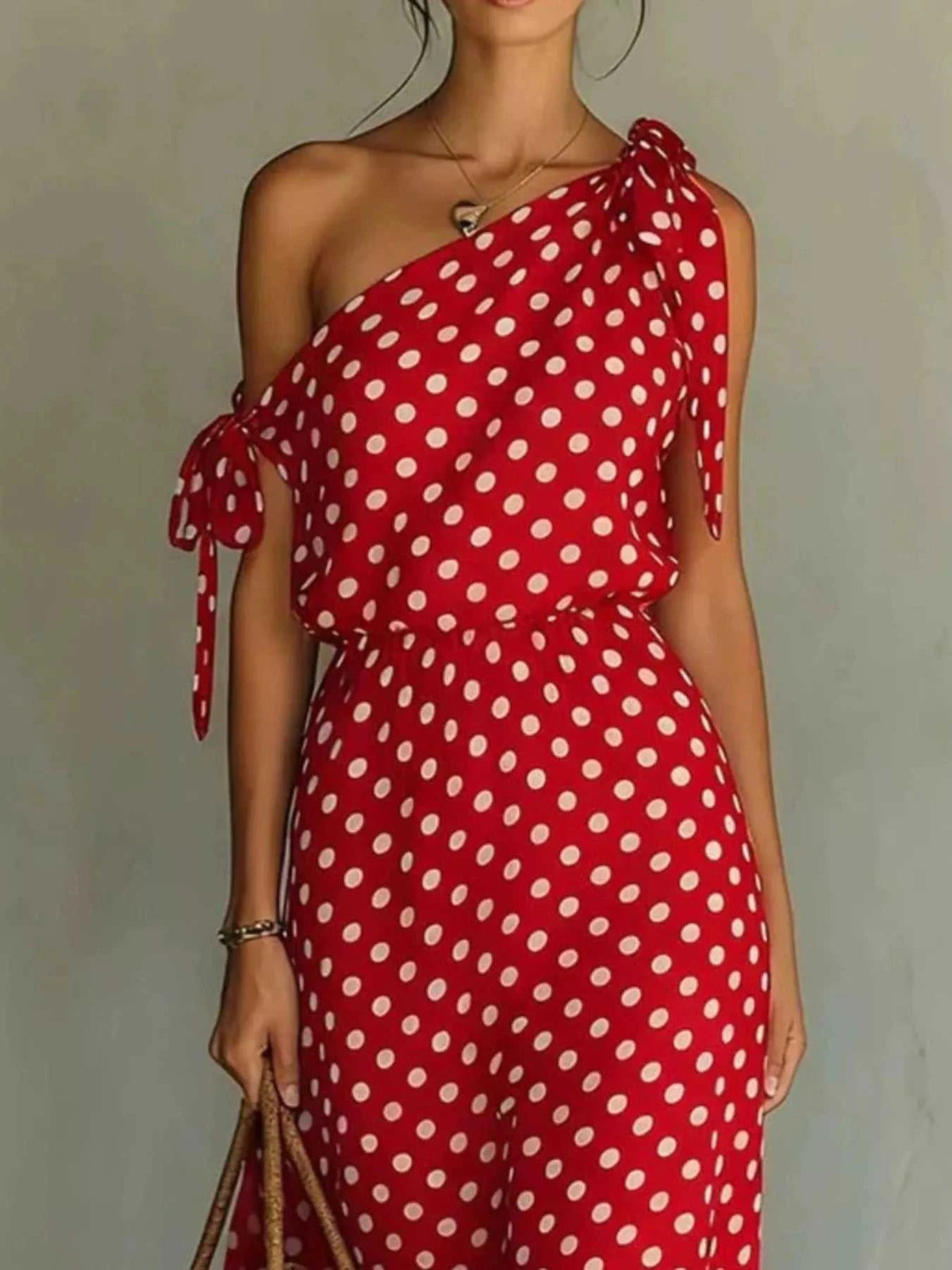 Full Size Polka Dot One-Shoulder Maxi Dress with Tie Details Plus Size 100100717941422 28 Gifts for Her Jerry's Apparel 