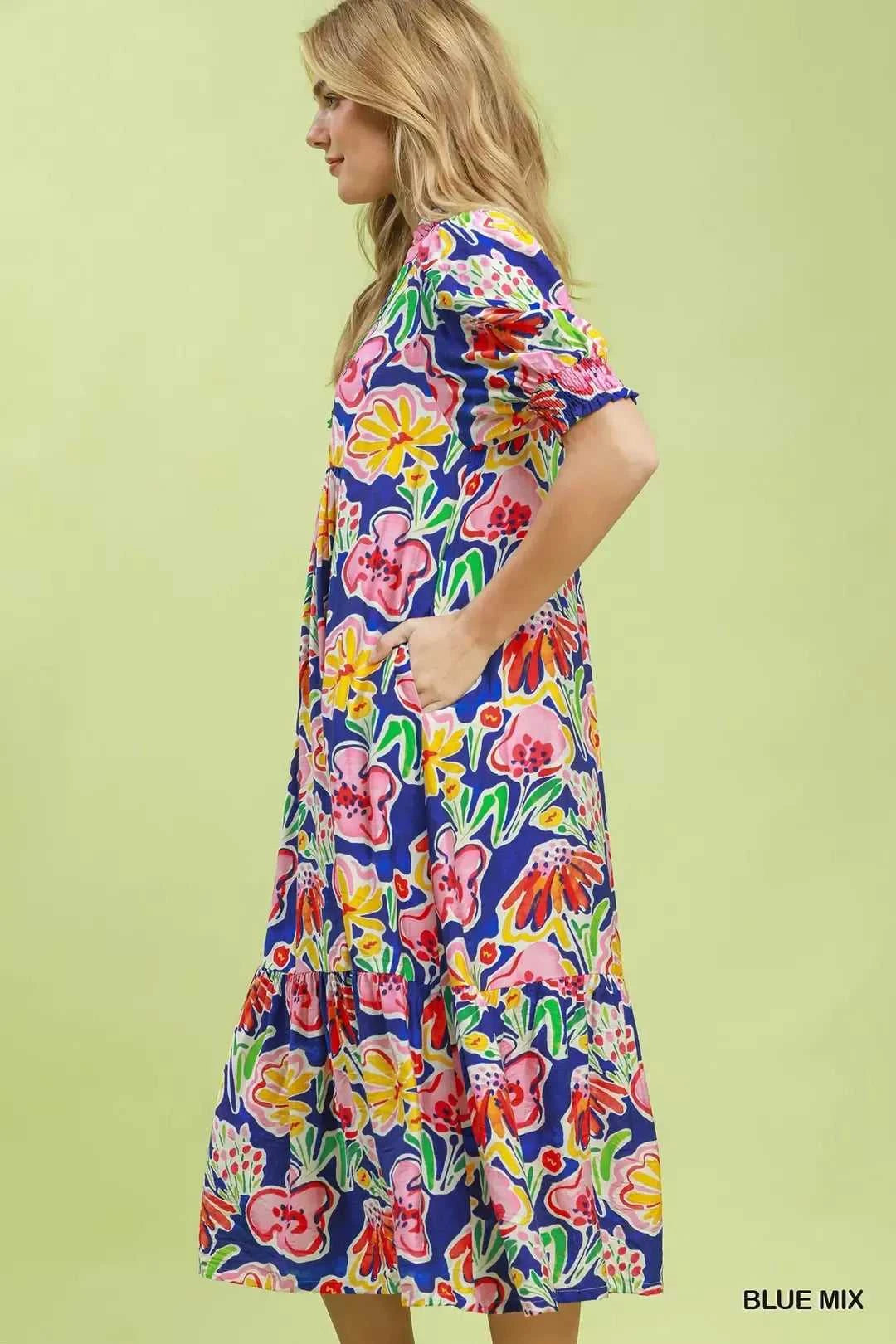 Umgee Floral Print Puff Sleeve Tiered Midi Dress 100100464481430 64 Affordable Fashion Under $100 Jerry's Apparel 