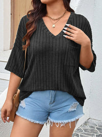 Plus Size V-Neck Ribbed Knit T-Shirt