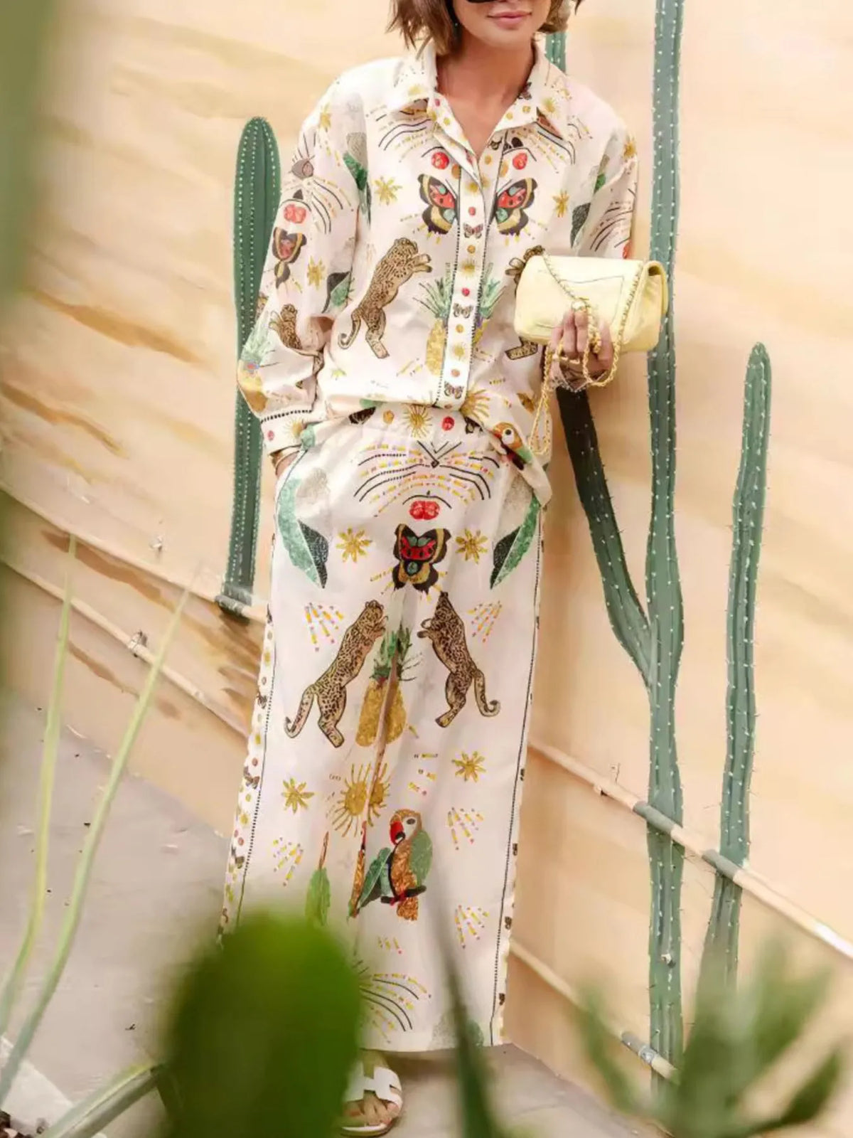 Printed Long Sleeve Shirt and Pants Set