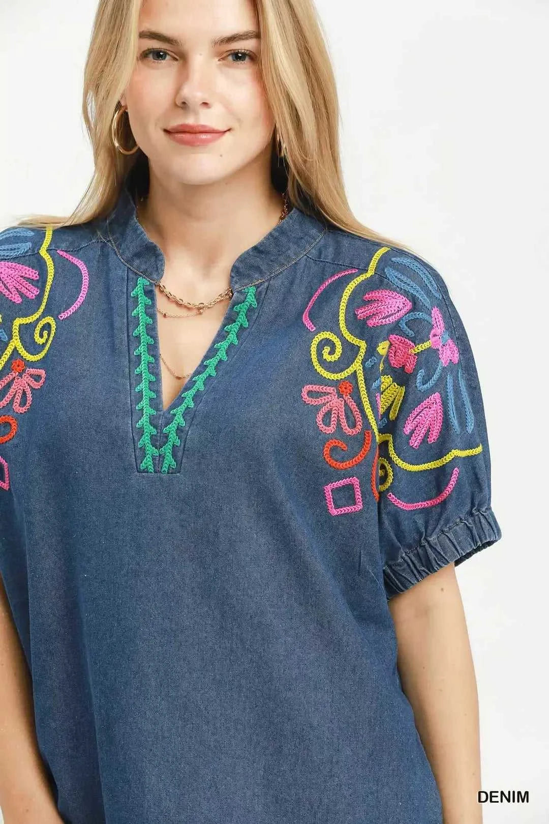 Umgee Embroidered Denim Puff Sleeve Top 100100310881935 60 Affordable Fashion Under $100 Jerry's Apparel 
