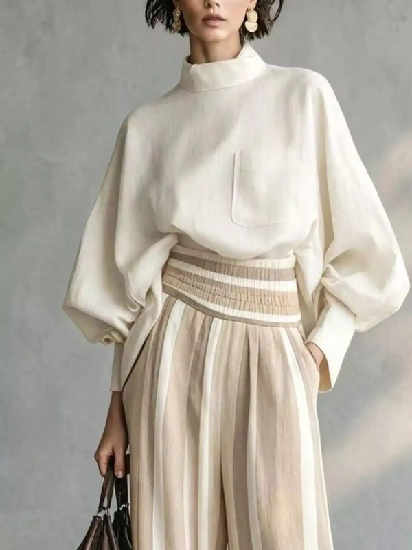 Full Size Mock Neck Top and Striped Wide-Leg Pants Set Plus Size 101001535665890 65 Gifts for Her Jerry's Apparel 