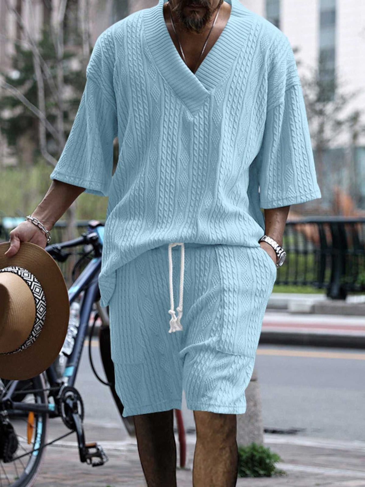 Men's Full Size Casual Knit V-Neck Short Sleeve Top and Shorts Set Plus Size 100400200384867 38 Men's Sets Jerry's Apparel 