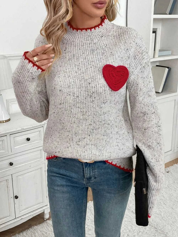 Perfee Contrast Heart Round Neck Long Sleeve Sweater 100100343431579 47 Affordable Fashion Under $100 Jerry's Apparel 