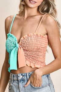 BiBi Woven Color Block Smocked with Ribbon Bra Top