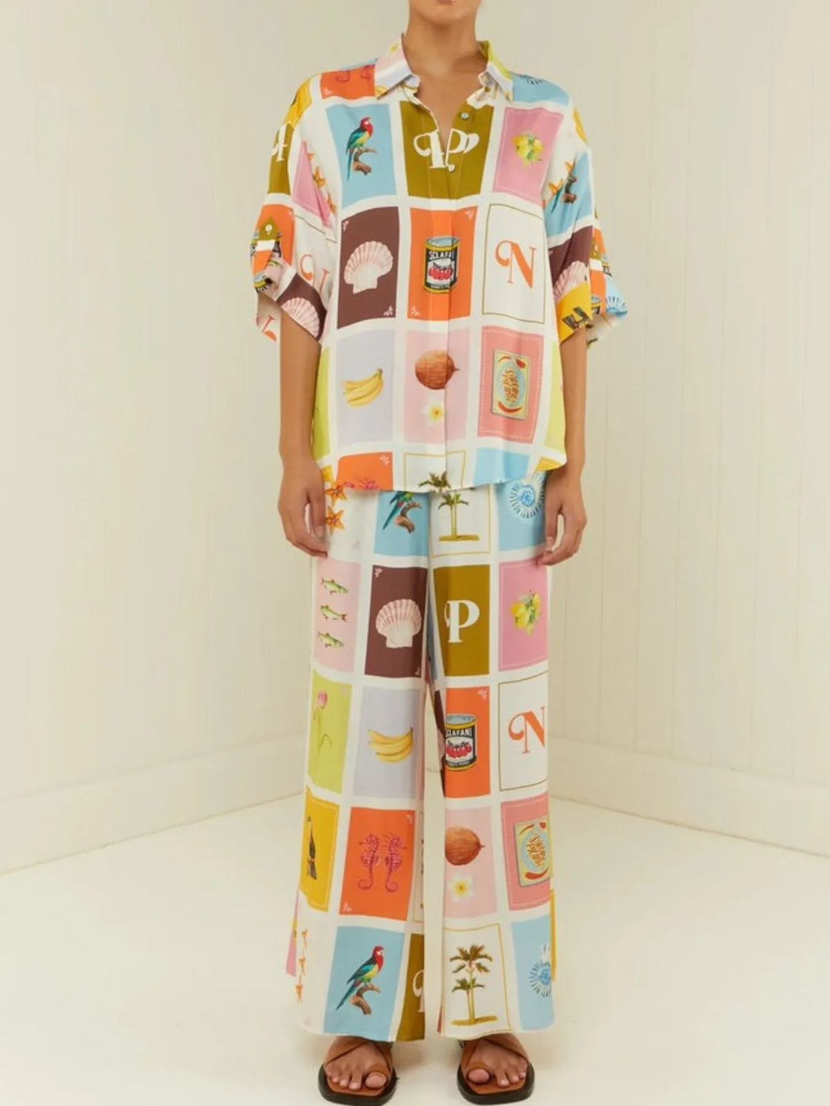 Printed Button Up Shirt and Pants Set