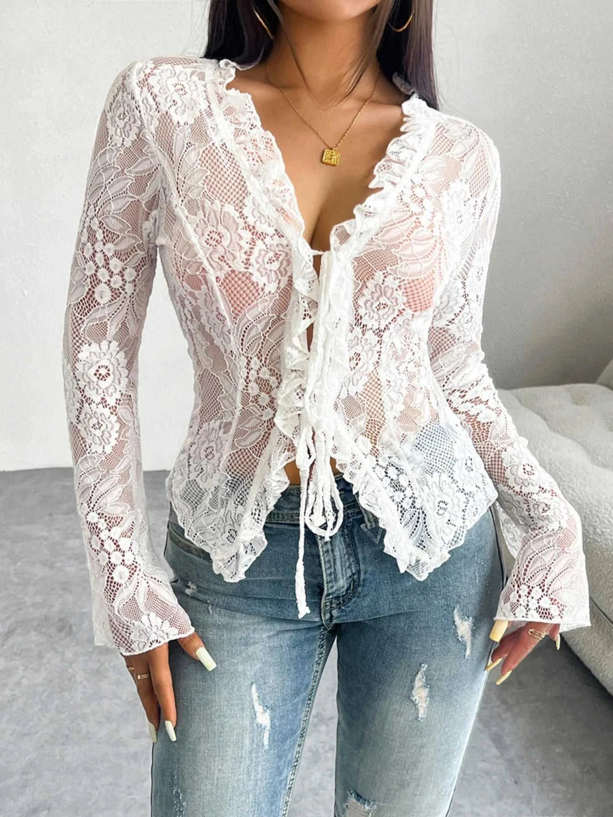 Tie Front Long Sleeve Lace Top 100100498929806 35 Affordable Fashion Under $100 Jerry's Apparel 