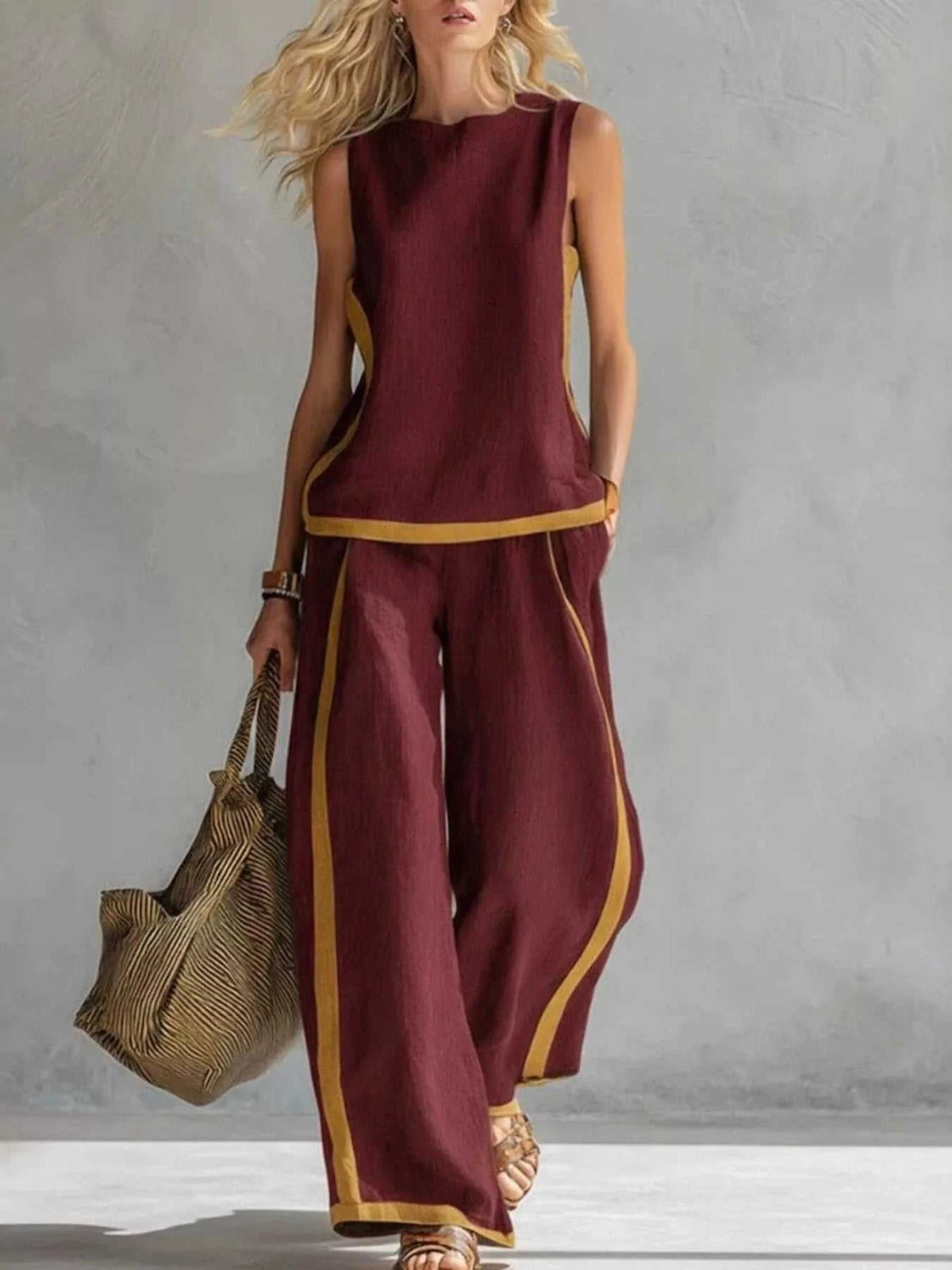 Full Size Contrast Stripe Sleeveless Top & Wide-Leg Pants Set Plus Size 100100980906866 35 Affordable Fashion Under $100 Jerry's Apparel 