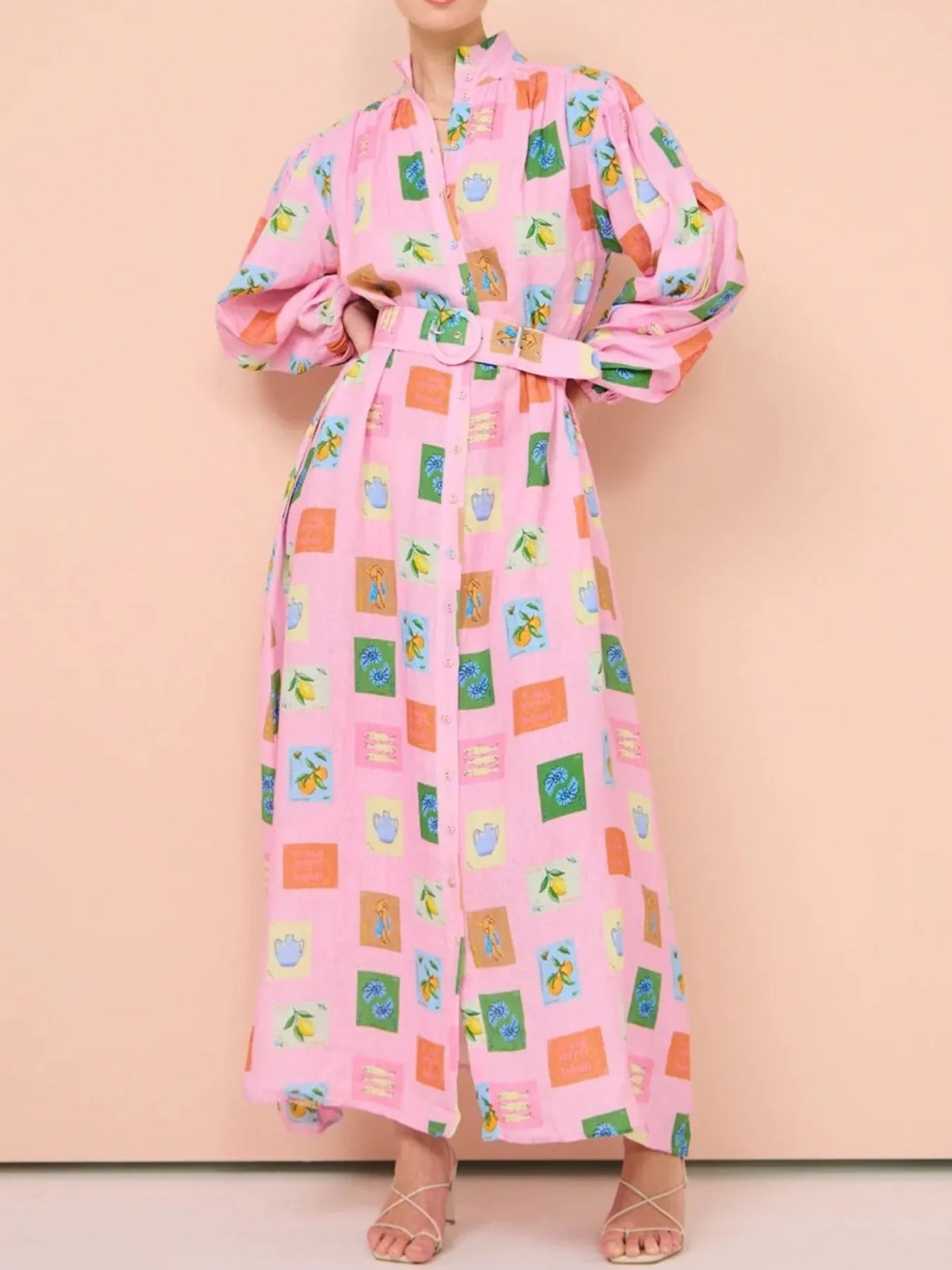 Printed Button Front Long Sleeve Shirt Dress