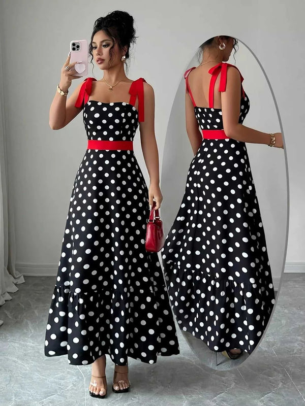 Polka Dot Tie Strap Maxi Dress