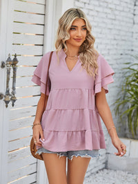 Tiered Notched Short Sleeve Blouse