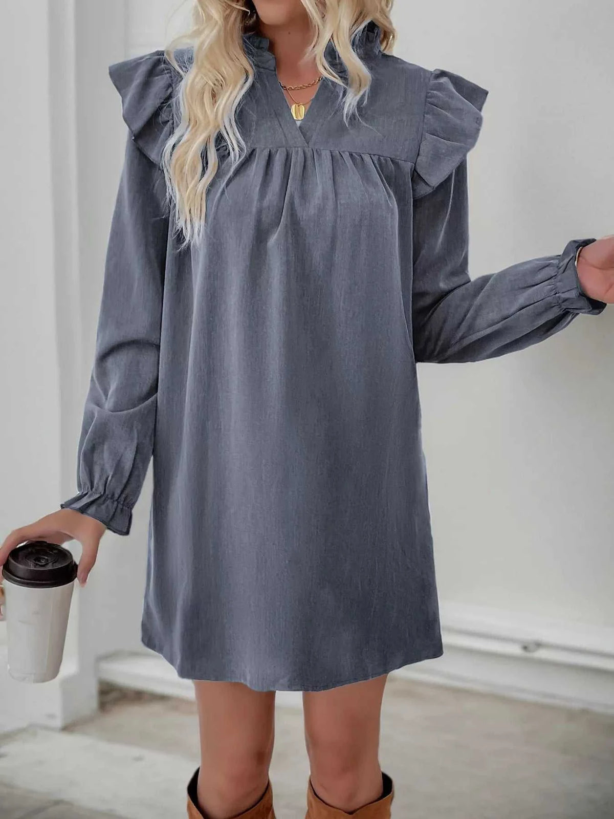 Ruffled Notched Flounce Sleeve Dress 100100408732594 42 Affordable Fashion Under $100 Jerry's Apparel 