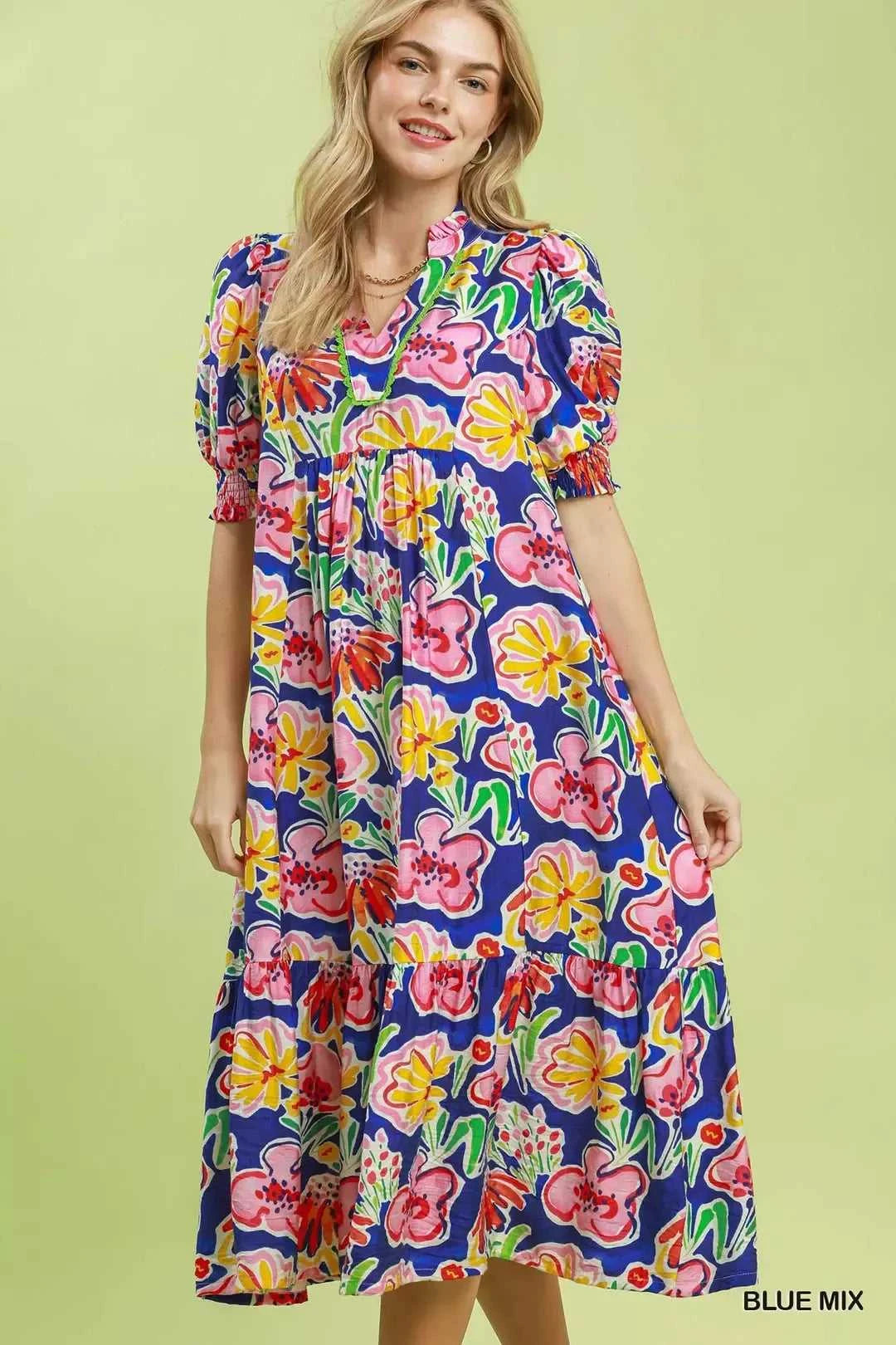 Umgee Floral Print Puff Sleeve Tiered Midi Dress 100100464481430 64 Affordable Fashion Under $100 Jerry's Apparel 
