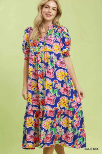 Umgee Floral Print Puff Sleeve Tiered Midi Dress 100100464481430 64 Affordable Fashion Under $100 Jerry's Apparel 