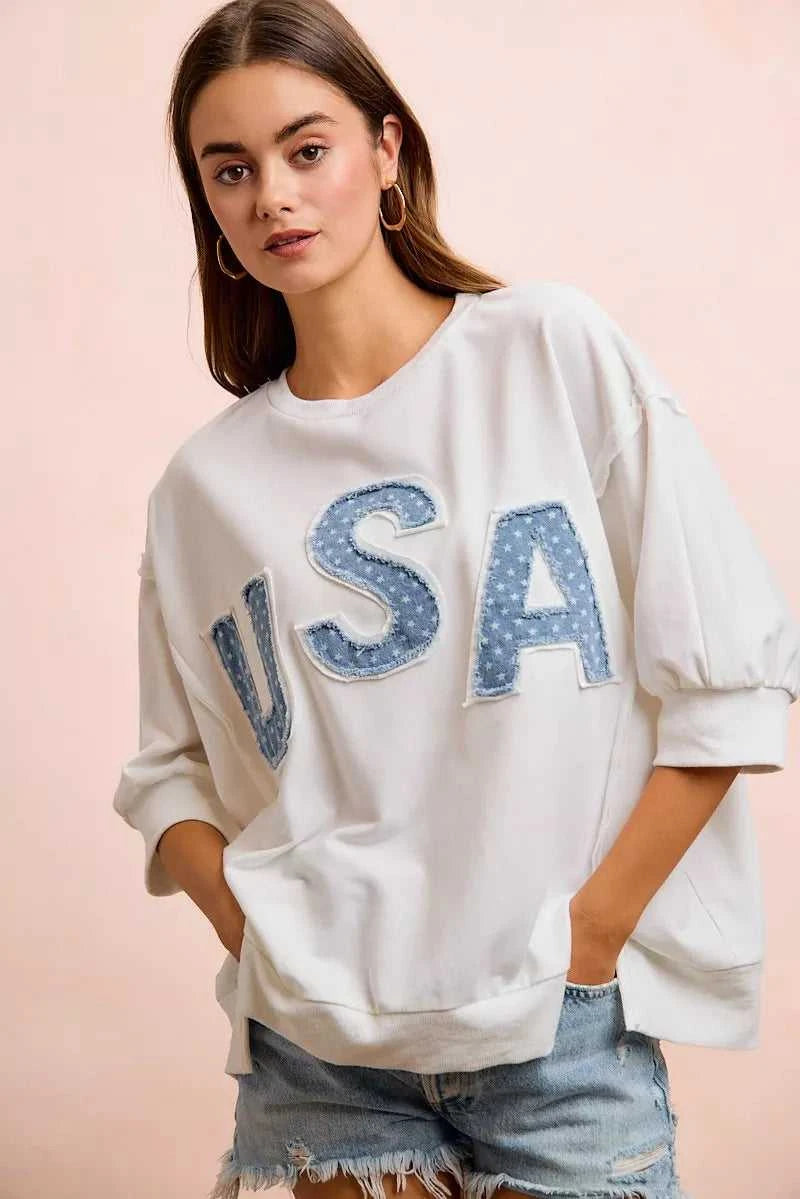 BiBi 4th Of July Usa Letter Patchwork French Terry Top 100100635501873 52 Gifts for Her Jerry's Apparel 