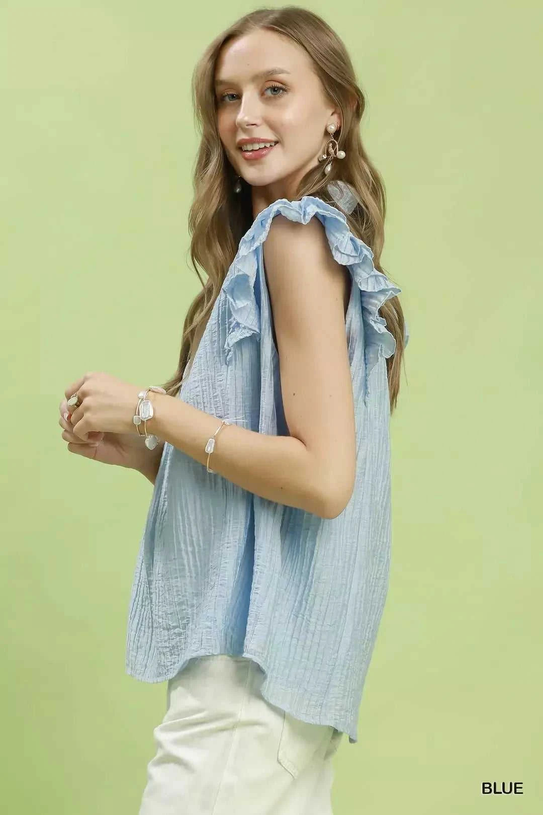 Umgee Textured Ruffle Sleeve Split V Neck Top 100100351651001 51 Affordable Fashion Under $100 Jerry's Apparel 