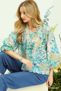 Umgee Watercolor Floral Blouse with Flounce Sleeve 100100747971424 47 Affordable Fashion Under $100 Jerry's Apparel 